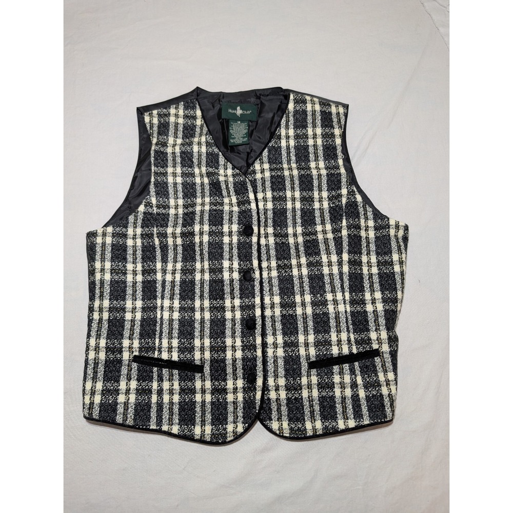 Hunt Club Vintage Plaid Vest Black White Metallic Gold Trim Womens 12 WPL 11935